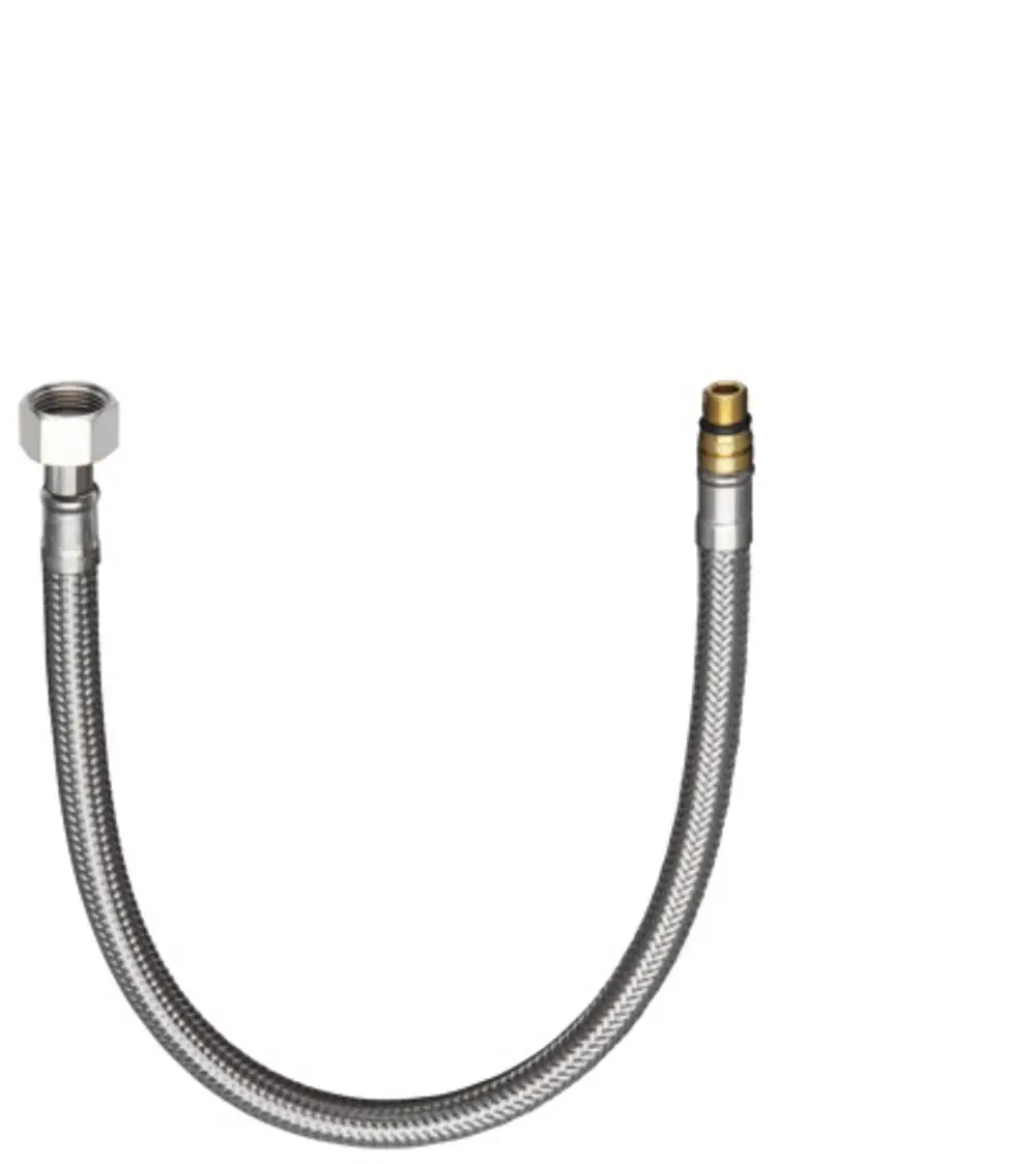 Flexible Metallanschlussleitung von Hansgrohe mit einem Anschlussgewinde auf der einen Seite und einer Schnellverschlusskupplung auf der anderen Seite.